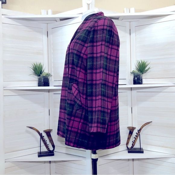 Vintage 90s Emily in Paris style dark magenta plaid pea coat sz XL - Picture 8 of 9